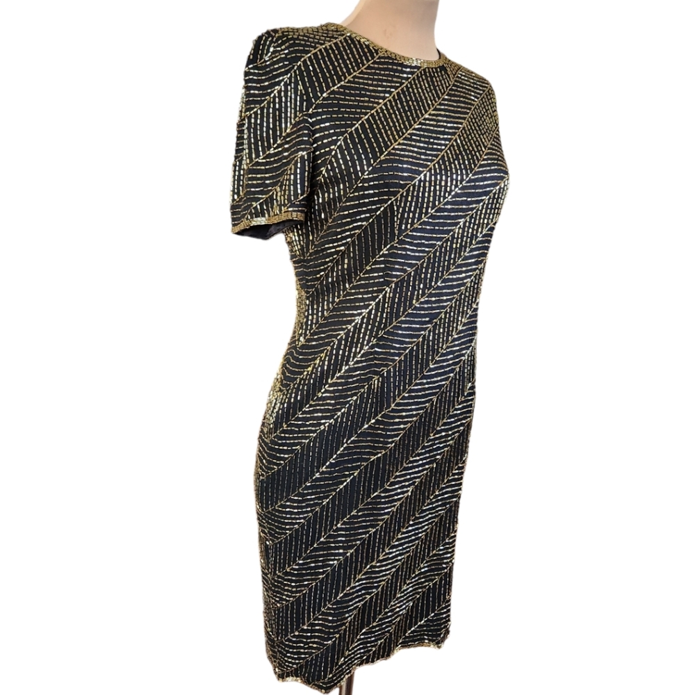 A.J. BARI Vintage 1980s Silk Beaded Sheath Dress - Size 10 - Picture 8 of 14